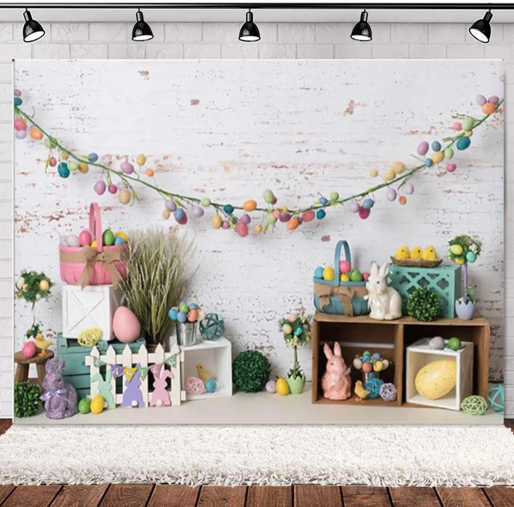 

White Brick Wall Spring Easter Photography Backdrop Eggs Bunny Decor Cake Smash Shower Photo Props Studio Booth Background