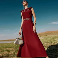 robe femme musulmane new burgundy sleeveless lace up diamonds dress dubai tourism fashionable dress abayas for women
