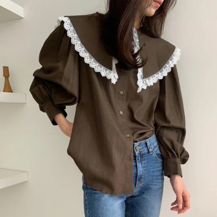 Женская блузка Корейская Шикарная новая свободная кружевная рубашка с кукольным
