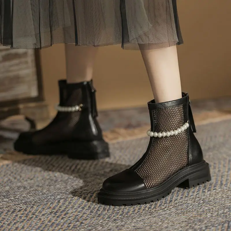 Летние сетчатые ботинки женские крутые ажурные британские ботильоны на плоской