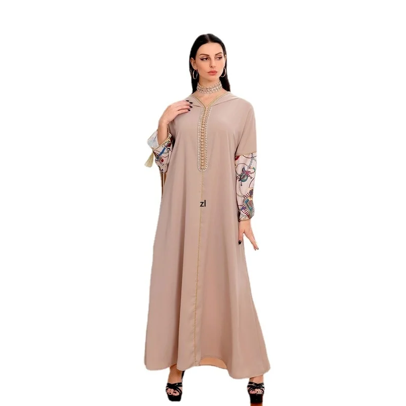 

Vintage Ethnic Cloak Hooded Abaya Dress for Women Middle East Muslim Ramadan Eid Robe Diamond Tassel Patchwork Arabic Clothes