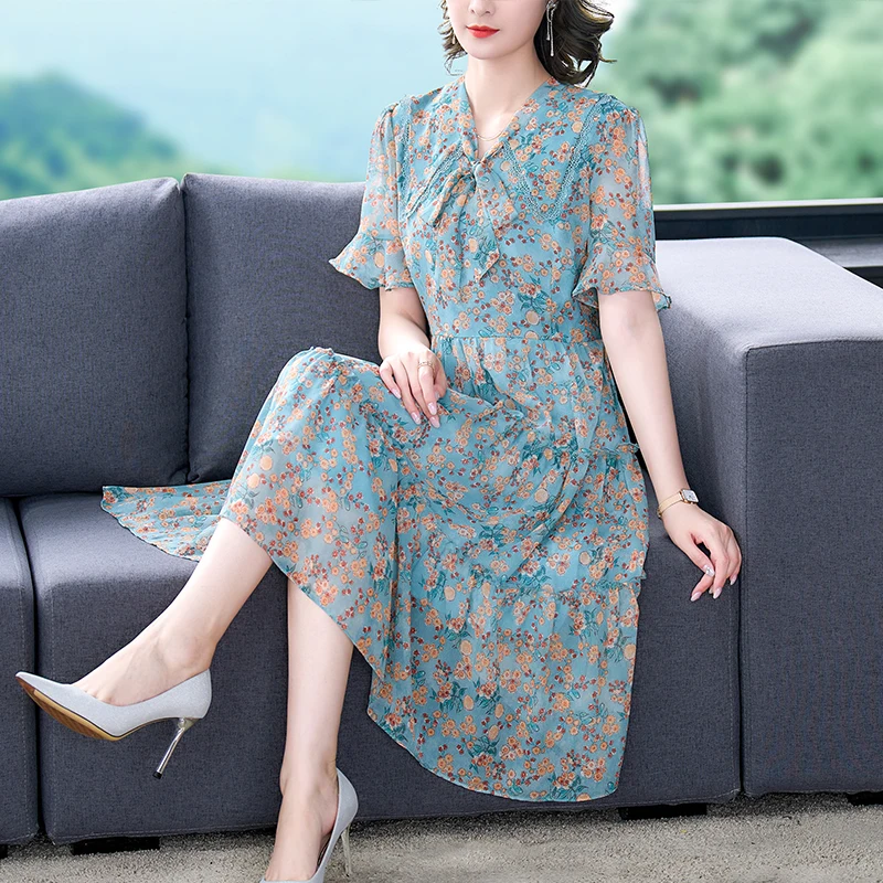

Boho Floral Silk Dress Women 2022 New Summer Fashion Large Size Loose Tight Short Sleeve Mini Skirt Casual Party Skirt Vestidos