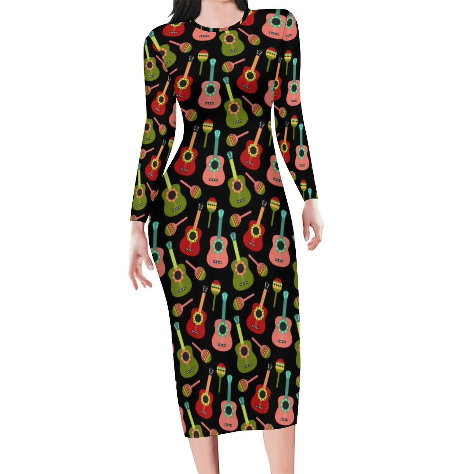 

Mexican Music Lover Bodycon Dress Ladies Colorful Guitars Night Club Dresses Autumn Long Sleeve Aesthetic Graphic Dress 5XL 6XL