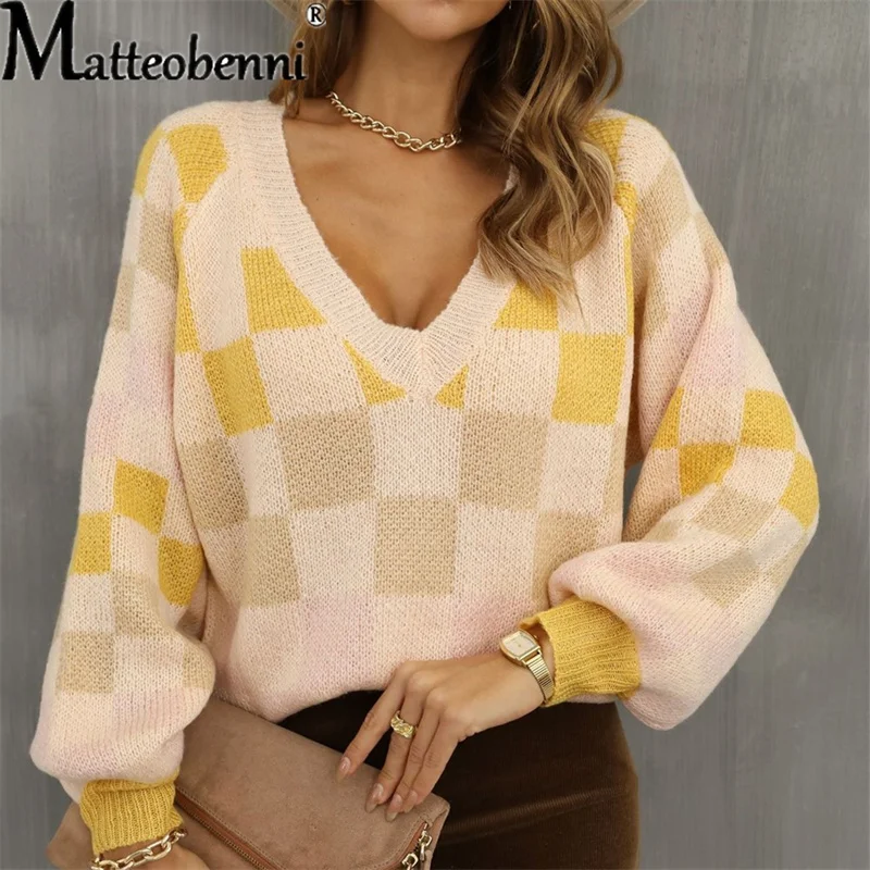 

2022 Autumn New Women Pullover Sweater Fashion Knitted V-neck Checked Collar Colorblock Loose Lantern Sleeve Casual Tops Ladies