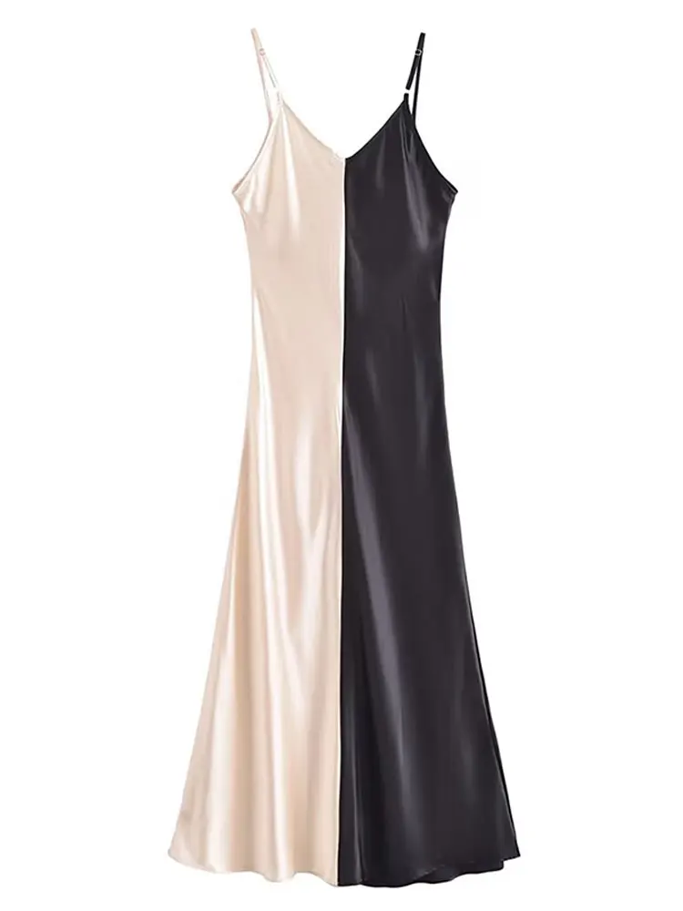 

Elegant Contrast Color Patchwork Midi Dress For Women Slim Fitting Waistband Suspender Robes 2023 Fashion Female Chic Vestidos