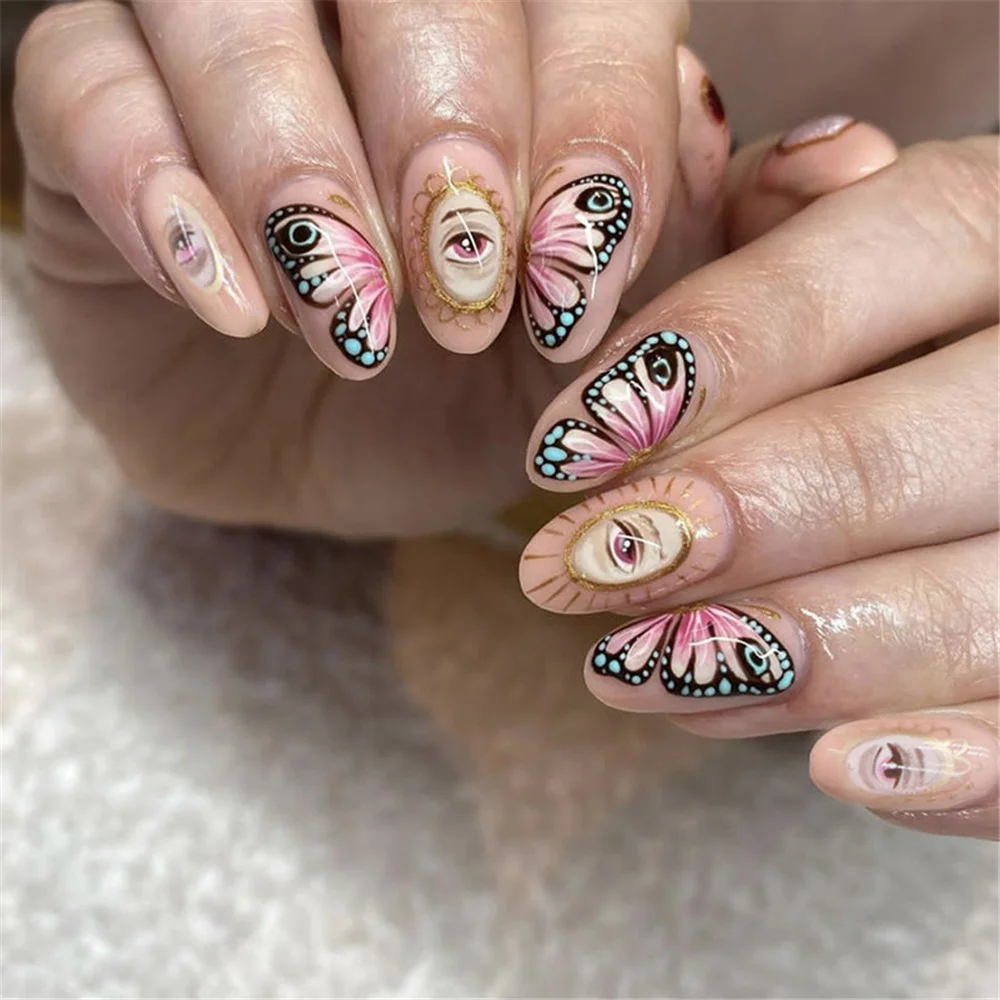 

Искусственные ногти в стиле ретро, с дизайном, милые овальные бабочки для маникюра, французские короткие круглые накладные ногти, нажимные ногти