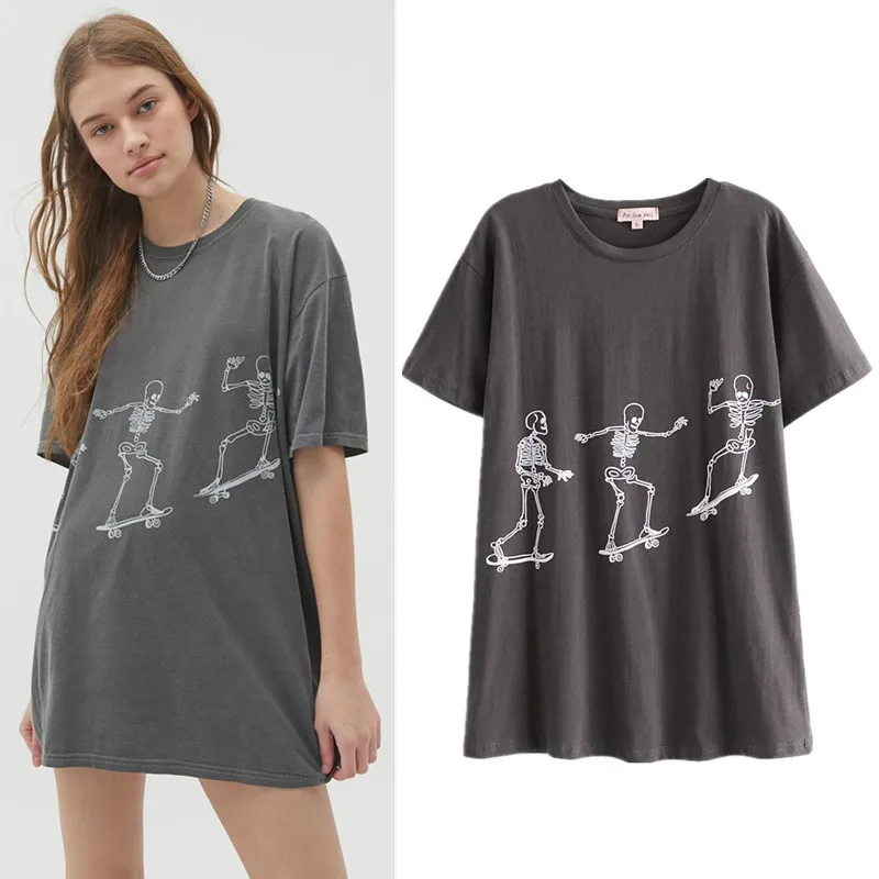 

Vintage White Pink Skull Skateboard Print Loose Woman Tshirts Neck Short Sleeve Casual Skull T Shirt Halloween Women Summer