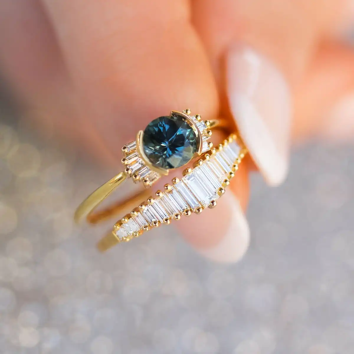 

Stunning Teal Sapphire Baguette Ring in S925 sterling silver