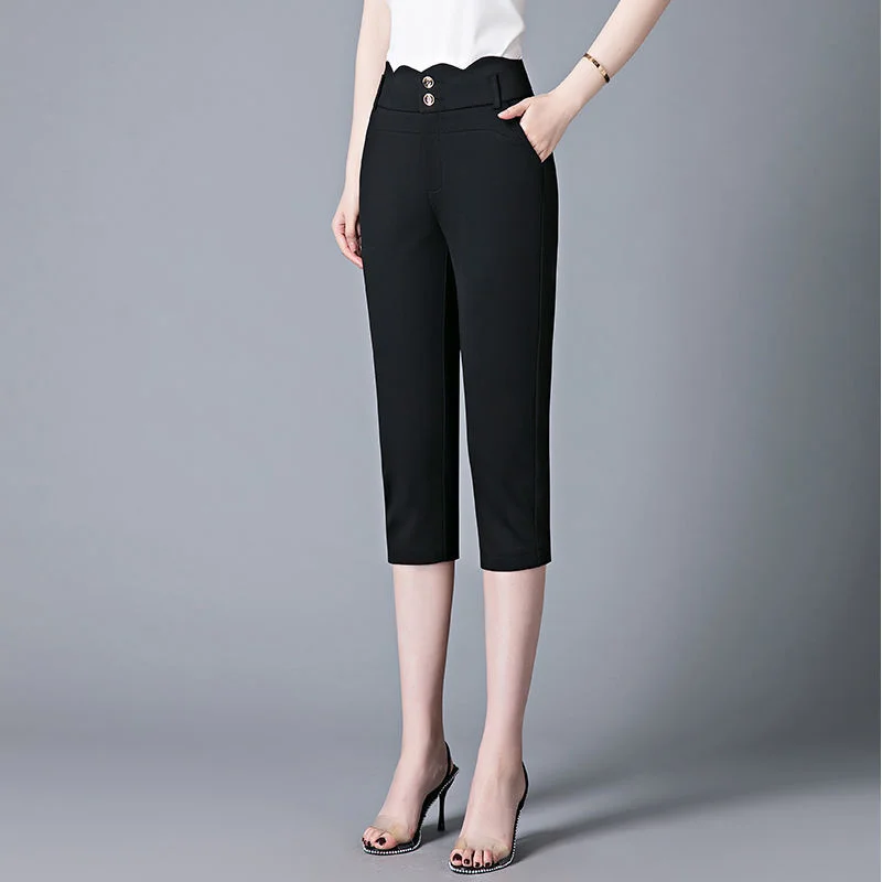 Женские Капри, летние брюки для женщин, черные короткие брюки с высокой талией, элегантные офисные женские Капри, брюки для женщин фото