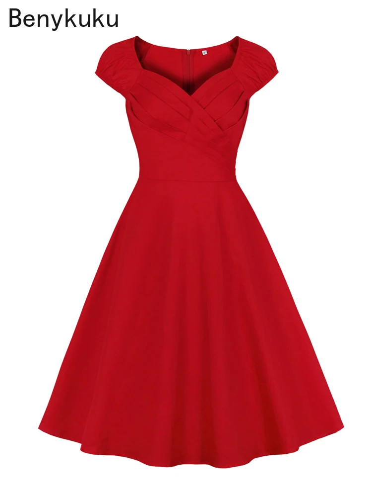 

50s Vintage Red Solid Dresses for Women Ruched Bust Sweetheart Neck High Waist Party Gown Cap Sleeve Elegant Summer Cotton Dress