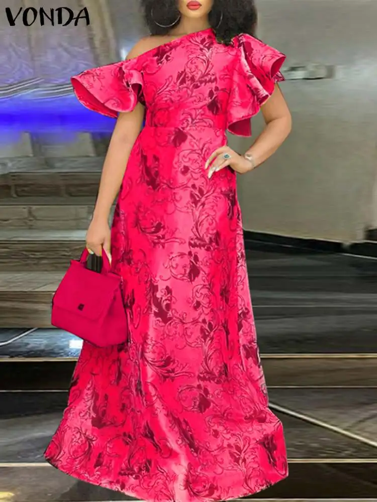 

Summer Women Short Sleeve Maxi Dress 2022 VONDA Bohemian Cold Shoulder Dress Casual Solid Elegant Party Ruffled Vestidos Femme