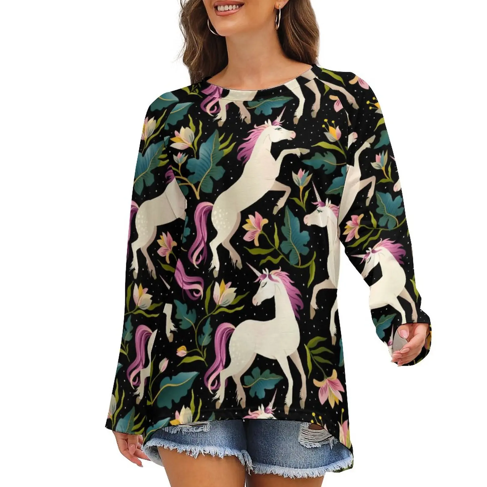 

Cartoon Unicorn T-Shirt Flowers Print Funny Long Sleeve T-Shirts Lady Streetwear Tshirt Oversized Print Clothes Gift Idea