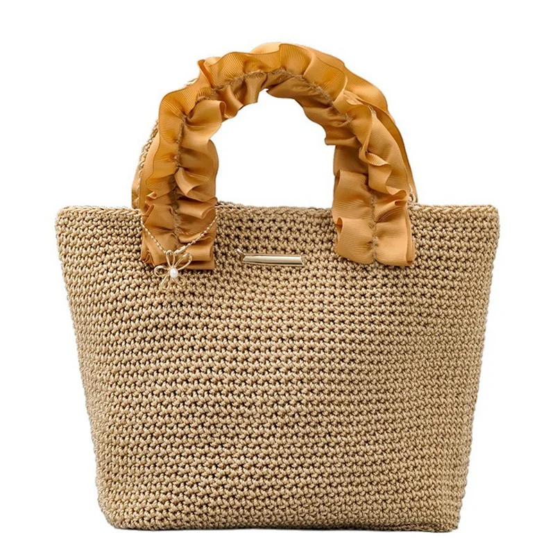 

Lace Fold Handle Straw Woven Bag Leisure Simple Hand Woven Luxury Women Vintage Straw Handbag Knitted Purse Tote Bag
