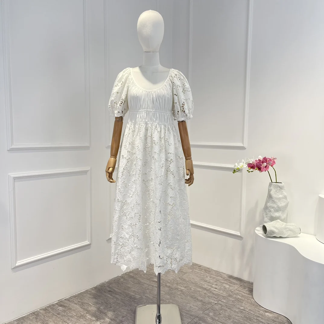 

2023 New Arrivals White Hollow Out Embroidery Flower Cotton Lace Ruched Bodice Midi Dress for Elegant Ladies