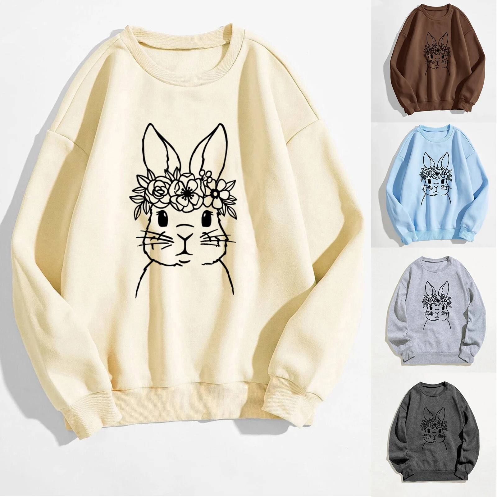 

Easter Womens Casual Long Sleeve Crew Neck Rabbit Printed Pullover Hoodless Sweatshirts Fit Ladies Sweatshirts without Hoods