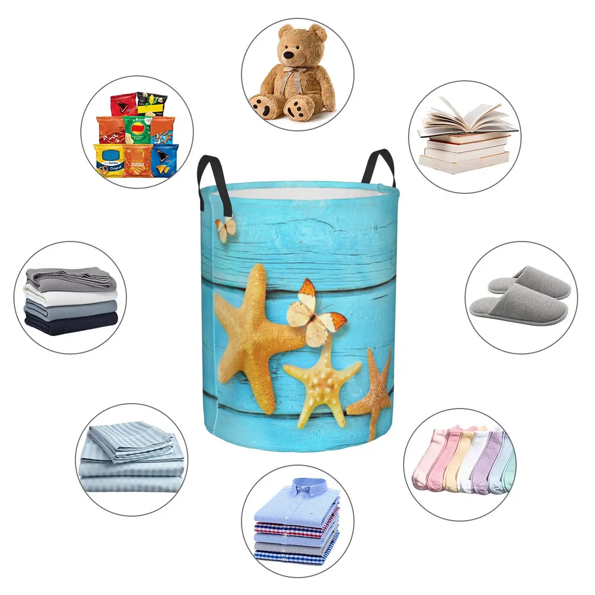 Folding Laundry Basket Family Of Starfish On Blue Wooden Round Storage Bin Large Hamper Collapsible Clothes Toy Bucket Organizer images - 6