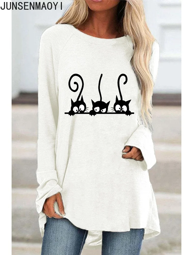

Женская футболка с длинным рукавом и круглым вырезом, с принтом кошек