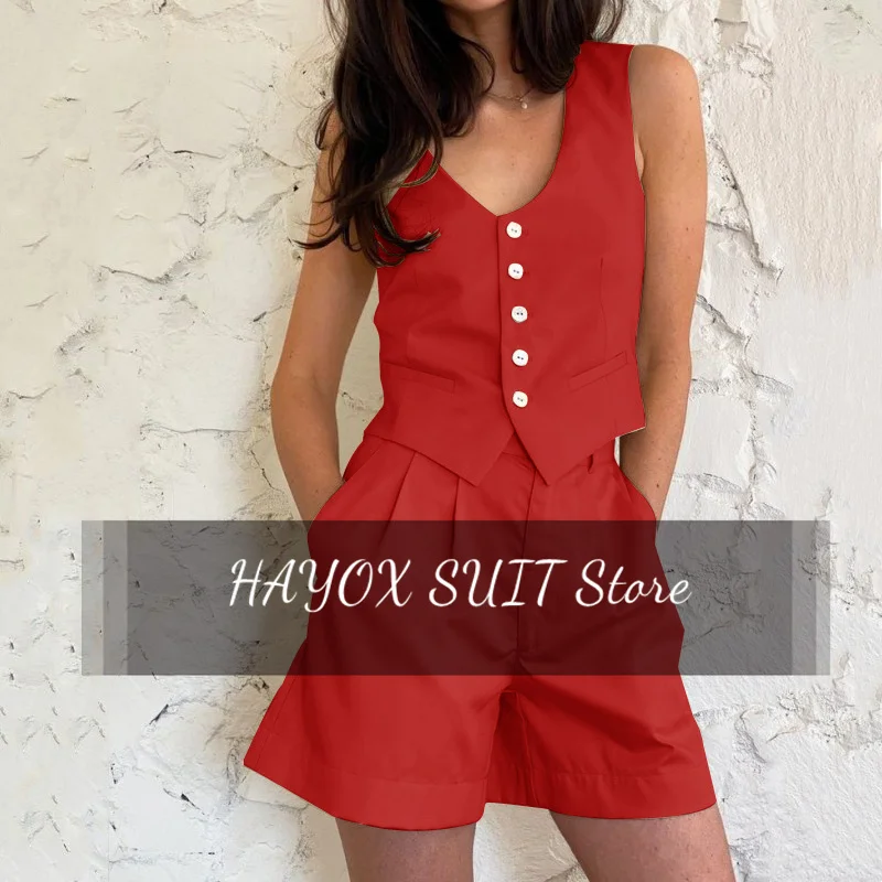 Women's Suit Summer Solid Color 2-Piece Set Fashion Single Breasted V Neck Sleeveless Top Vest With Cool Shorts For Business