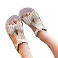 2022 kids new flat sandals bow rhinestone baby girls princess 2022 summer shoes children open toe pearl beach sandals size 26 36