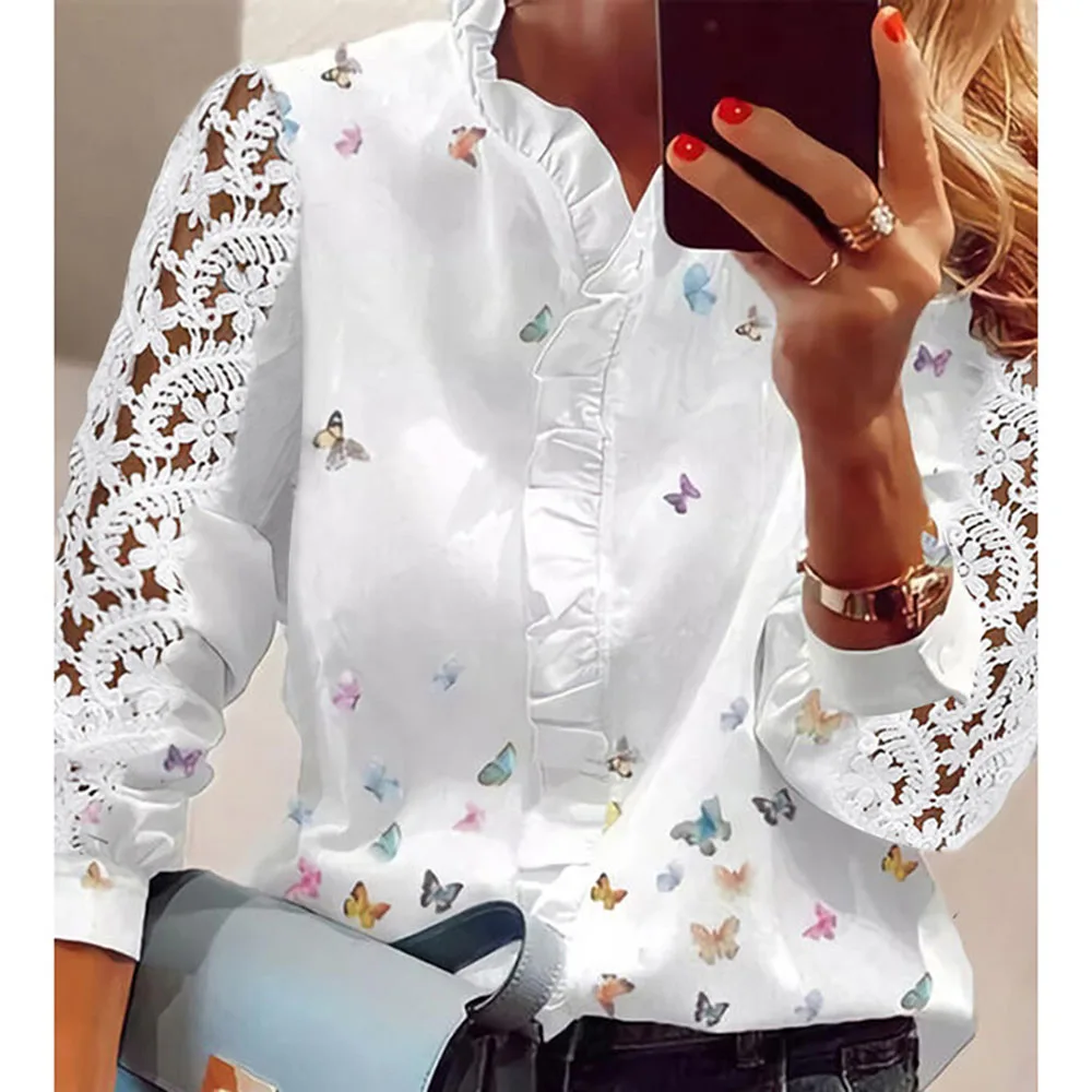 

Elegant Long Sleeve Women's Shirts Fashion Butterfly Print Office Lady Top White Women Ruffled Hollow Out Blouse Streetwear Tops
