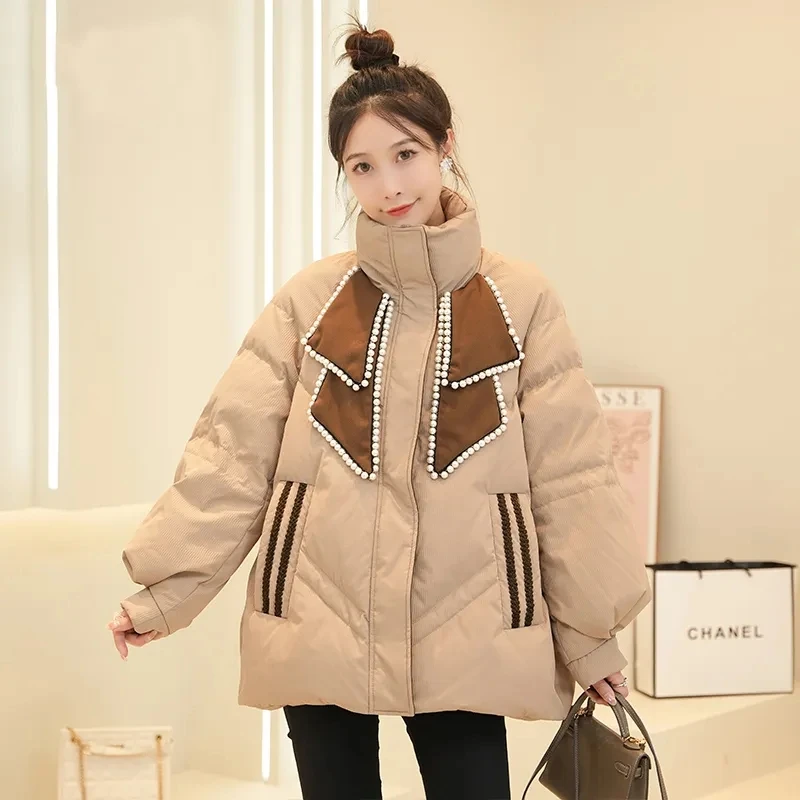 

Down Cotton Jacket Women Autumn Winter 2023 New Stand Collar Short Cotton Coat Fashion Casual Loose Thick Parkas Womens