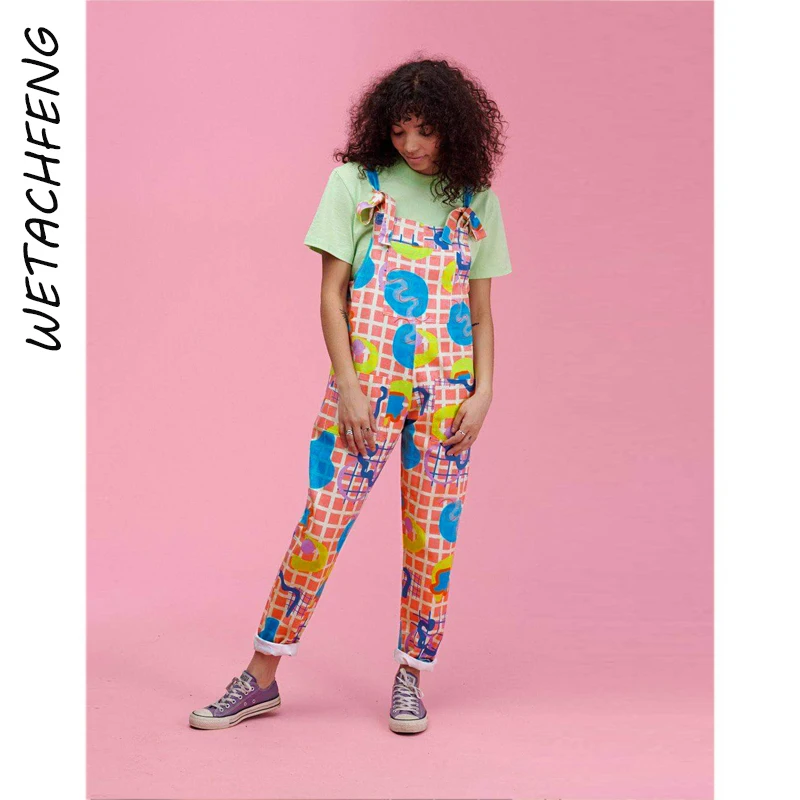 

Casual Overalls For Women Floral Print Plaid Lace Up Cargo Pants Rompers Fashion One Piece Outfits Streetwear Jumpsuits Clothes