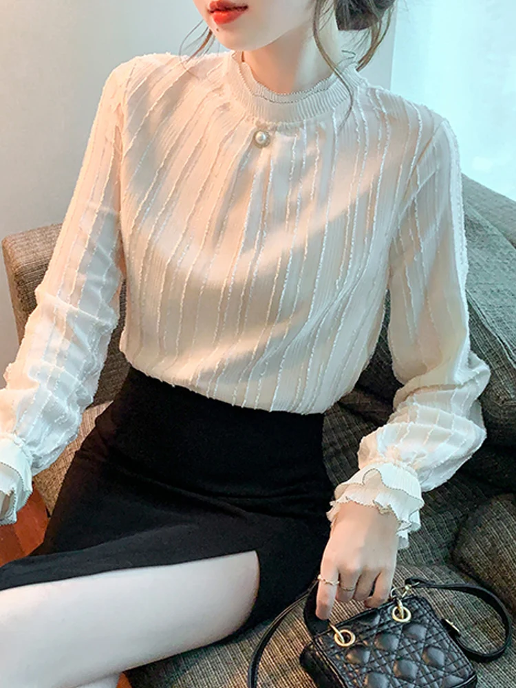 Женская шифоновая блузка с длинным рукавом абрикосовая рубашка-Топ модель F400 на