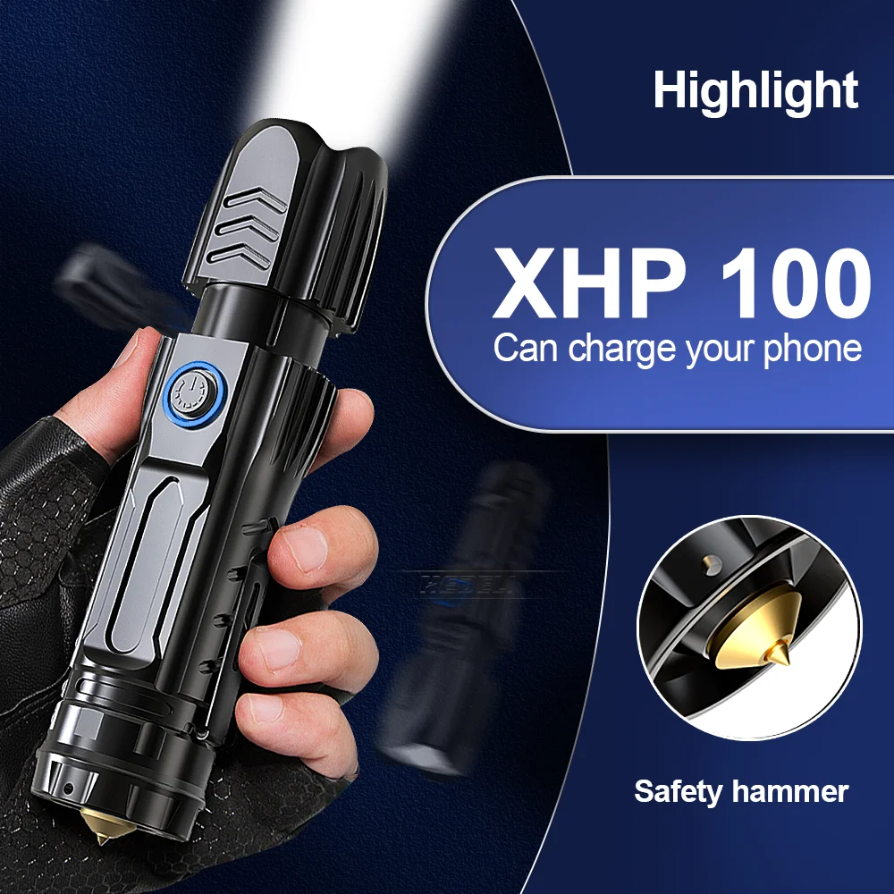 2022 NEW XHP100 High Power LED Flashlights Tactical USB Rechargeable Camping Torch 250000 Lumen 18650 Waterproof Flashlight