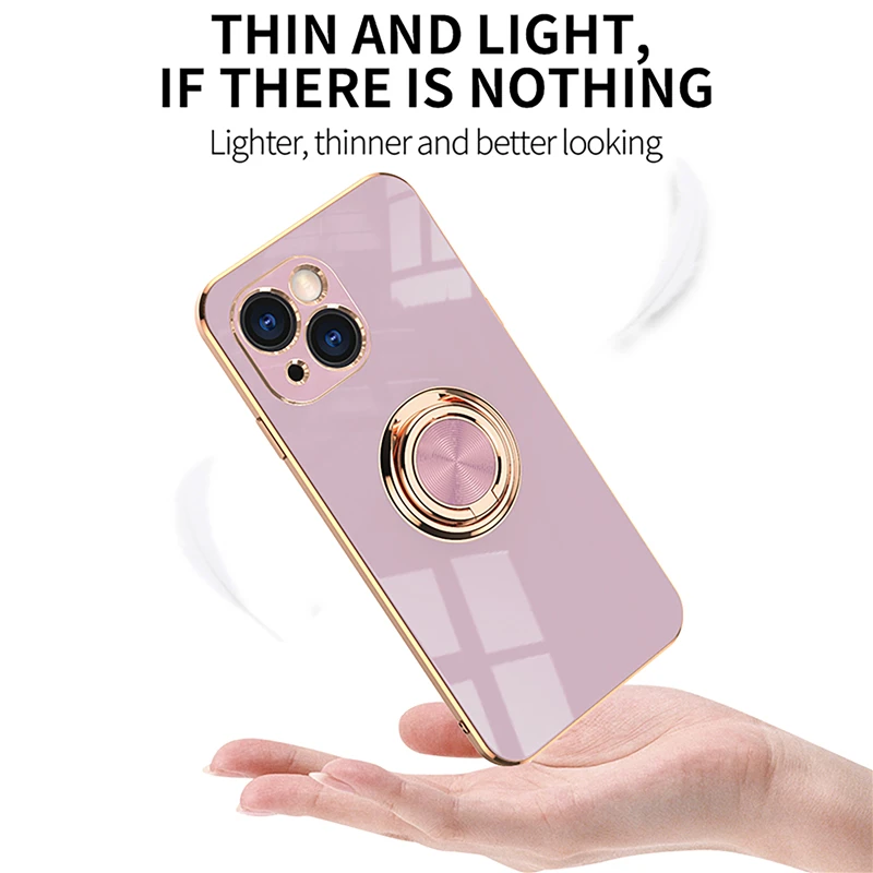 Soft Plating Magnetic Case For iPhone 13 11 12 Pro Max Mini XS XR X R 7 8 Plus SE 2020 Phone With Metal Ring Holder Stand  Cover