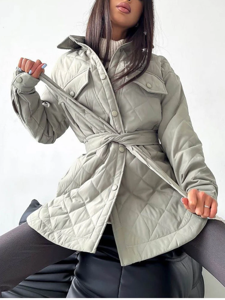 Autumn Winter Fashion Cotton-padded Blue Argyle Parka with Belt Women 2022 Casual Single Breasted Green Long Coats Streetwear