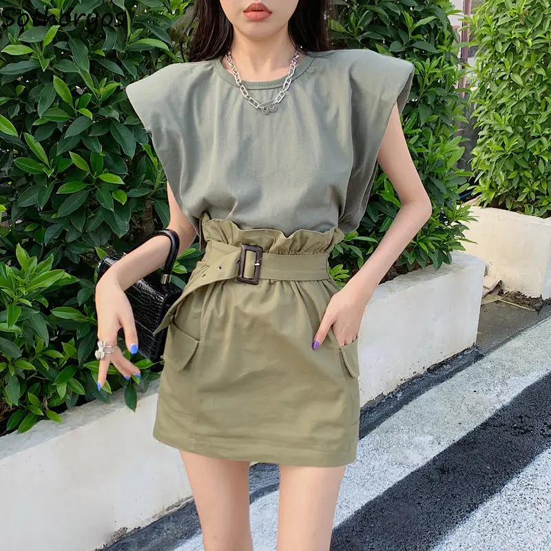 Sets Women Fit Summer Solid Korean Style Cool Vintage Simple Sleeveless Tanks and Mini A-LINE Skirt Two Pieces High Street Soft