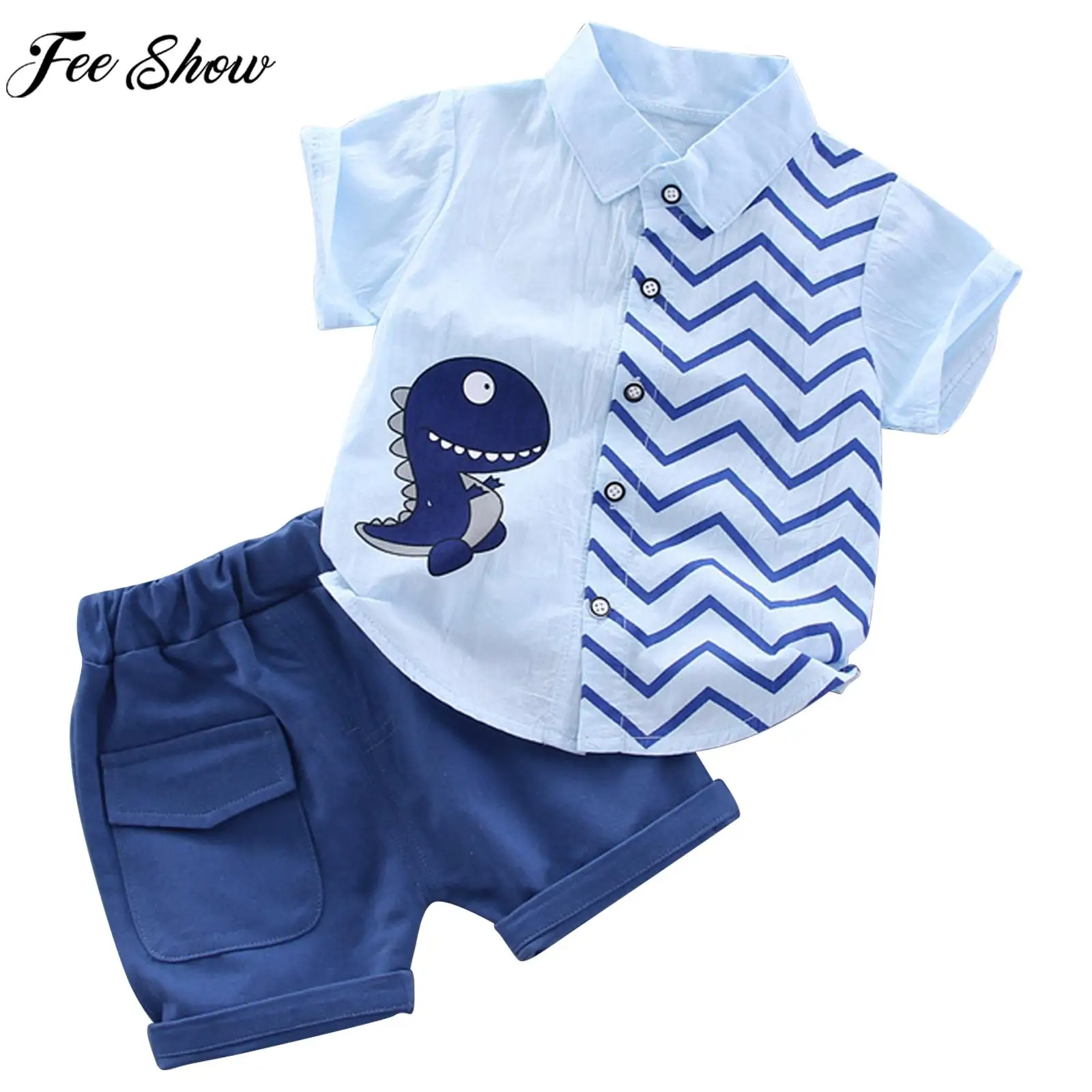 

Toddler Baby Casual Preppy Style Costume Set Short Sleeve Lapel Cute Cartoon Print Top with Shorts for Birthday Party Daily Wear
