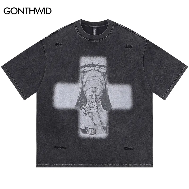 

Винтажная футболка в стиле хип-хоп с принтом монахини