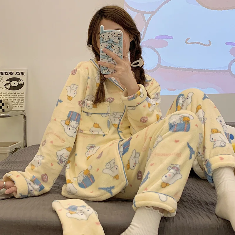 

Kawaii Sanriod аниме хобби Cinnamoroll Kitty My Melody Kuromi осень-зима Коралловая флисовая Пижама женский утепленный домашний костюм