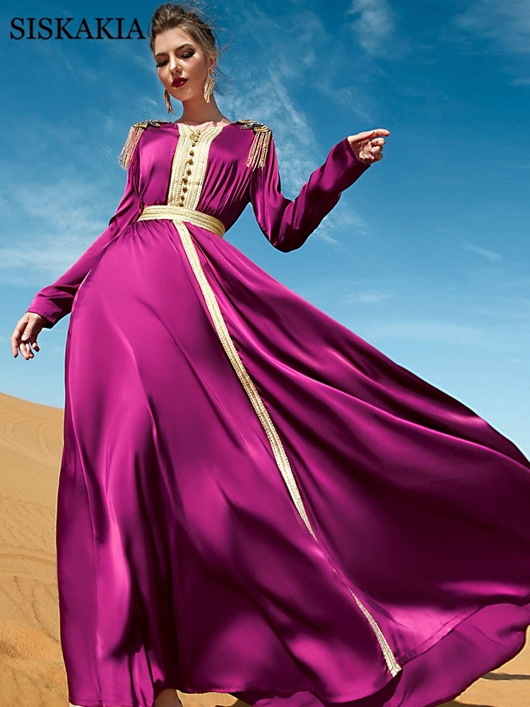 

Decoration Epaulets Tassel Long Dress Elastic Waist Court Style Party Long Sleeve Elegant Swing Maxi Dress Fashion Robe Abaya