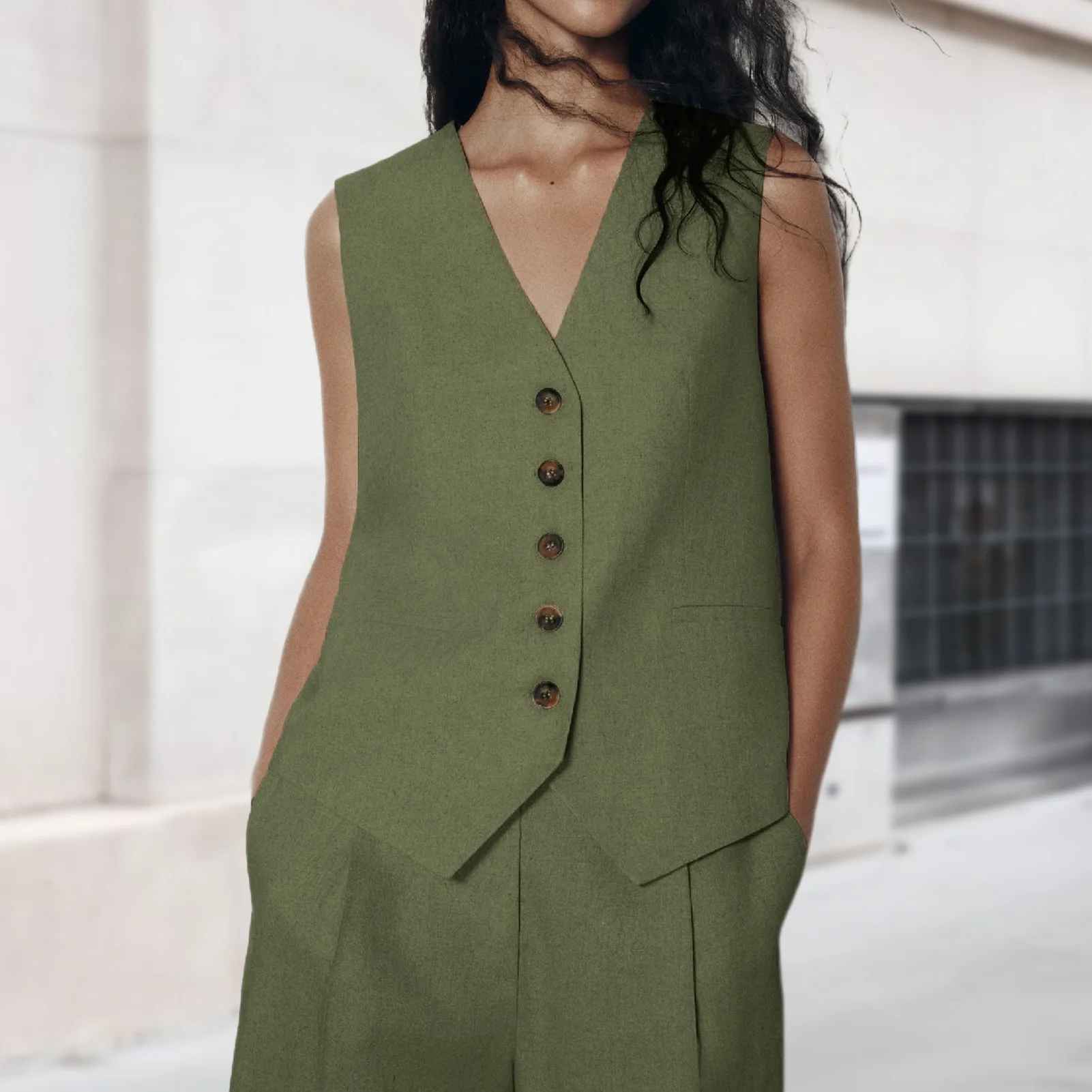 

Vintage V Neck Sleeveless Female Outerwear Chic Vest Button Down Waistcoats Solid Color Slim Fit Elegant Summer Commuting Tops