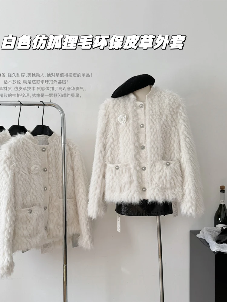 Женское белое пальто из искусственного кроличьего меха толстая теплая модная