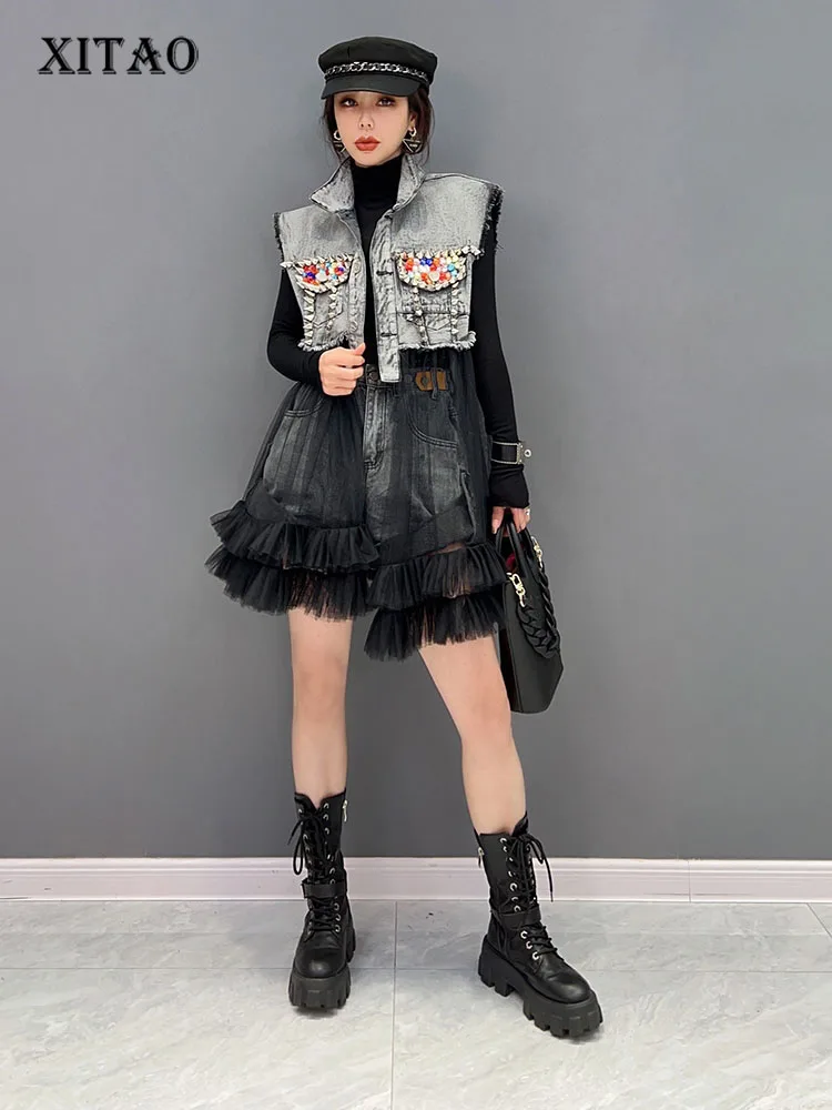 

XITAO Patchwork Sleeveless Beading Gauze Single Breasted Dress 2022 New Arrival Casual Temperament Loose All Match SMH10039