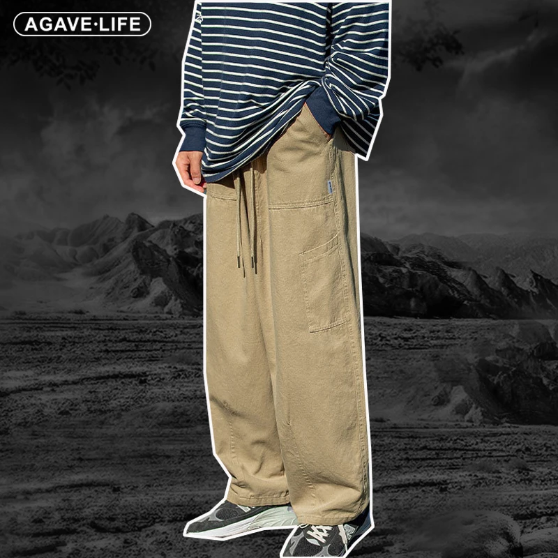 

Брюки мужские с эластичным поясом, повседневные уличные свободные прямые штаны с карманами, однотонные брюки для инструментов, весна-осень