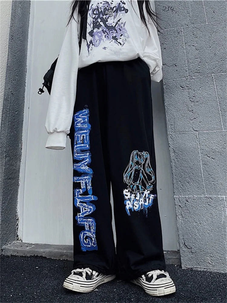 QWEEK Anime Print Wide Leg Pants Women Harajuku Streetwear Alt Oversize Jogging Sweatpants Baggy Korean Fashion Joggers Trousers