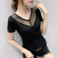 #7465 Black Grey Spliced Mesh Perspective T Shirt Women O Neck Sexy Womens Tshirt Slim V-neck Short Sleeve T-shirt Korean Style