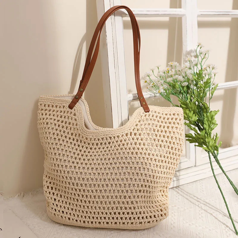 Leisure Hollow Out Knit Shoulder Cotton Thread Eco Rattan Woven Bag Summer Beach Sea Vacation Bag Women's Tote Bag Handbags