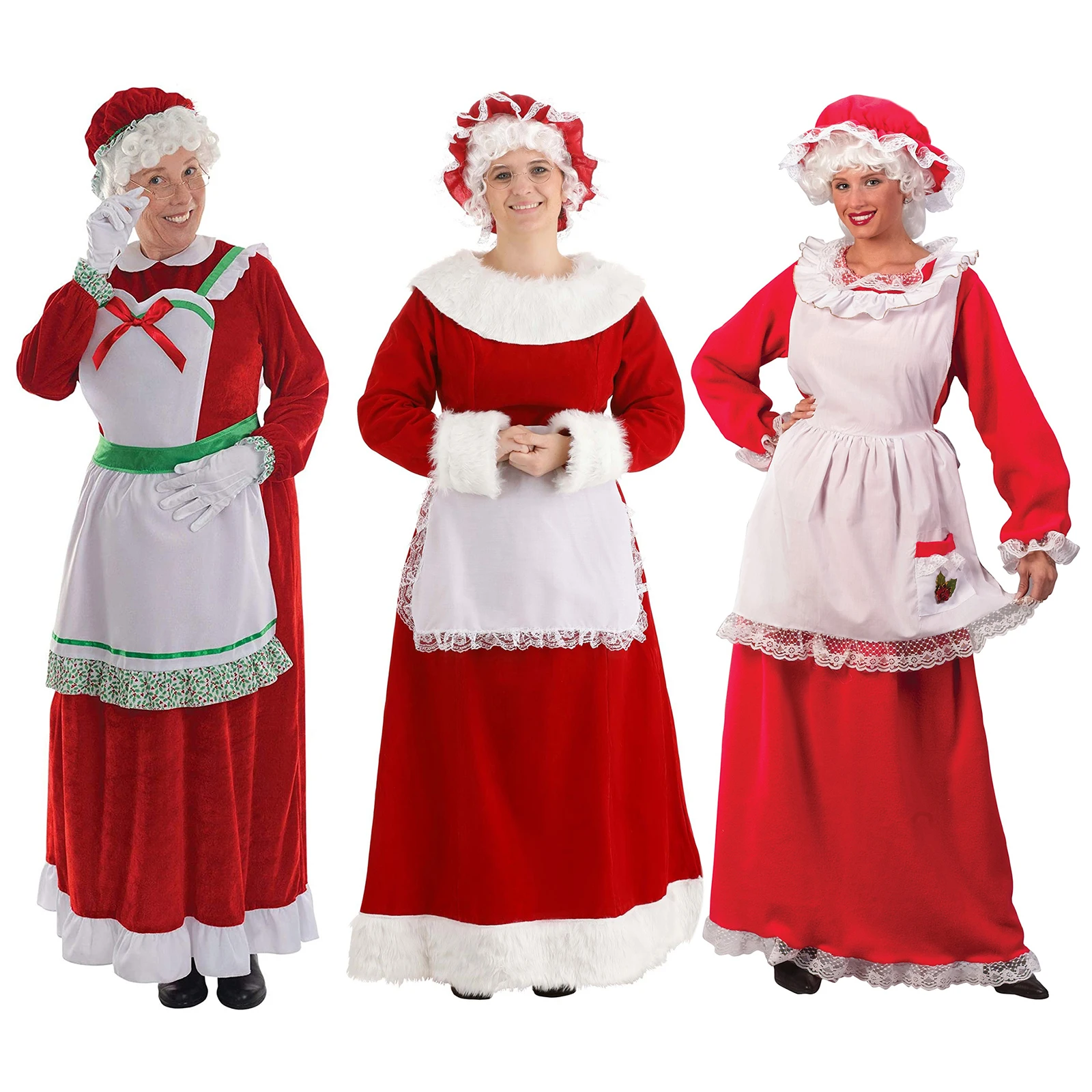 Christmas Women Cosplay Costume Set Maid Granny Long Sleeves Dress with Hat Apron for Christmas Halloween Role-playing