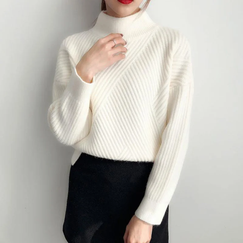 

Women Jumper Coats Autumn Winter Half Turtleneck Warm Knitted Pullovers Harajuku Casual Soft Basic Loose Wild Sweaters