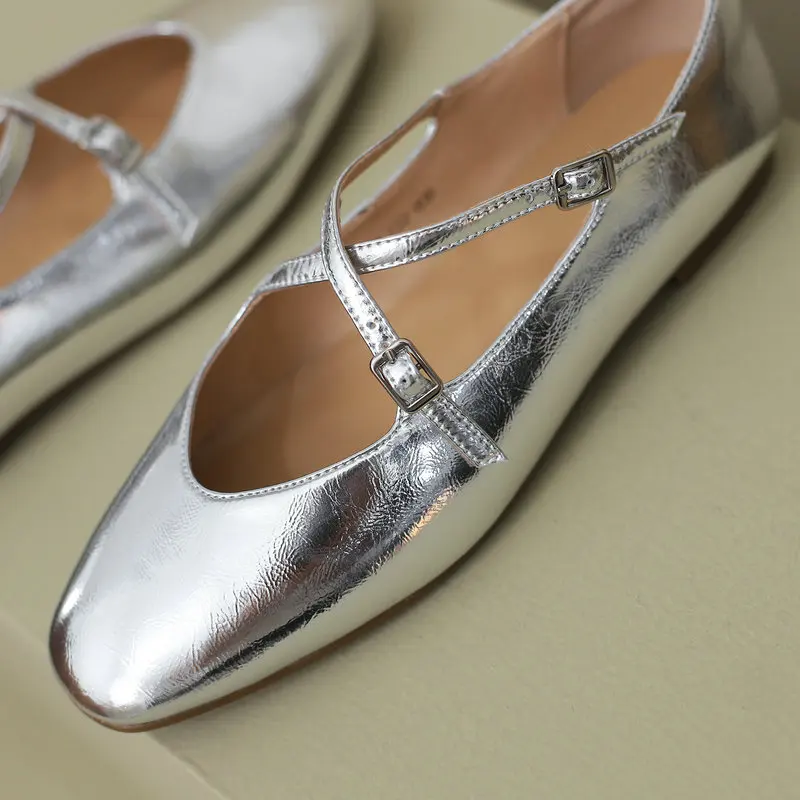 Genuine Leather Silver Flats Women Soft Comfortable Mary Janes Shoes Girls 2022 Autumn New Shallow Slip on Beige Zapatos Mujer