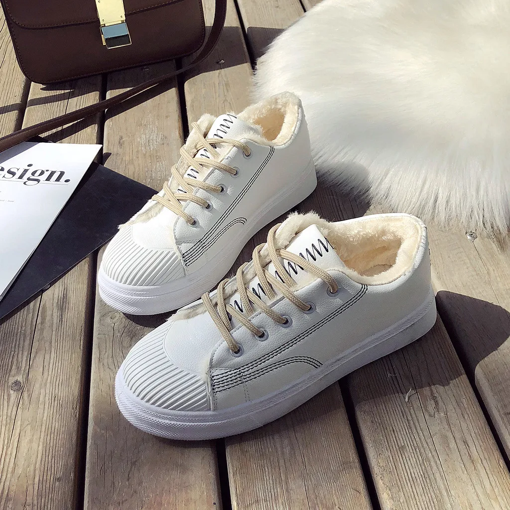 

2021 Korean Fashion New Casual Shoes Woman Lace Up Solid Sneakers Plus Velvet Flat Bottom Mid Heel Round Toe Winter Warm