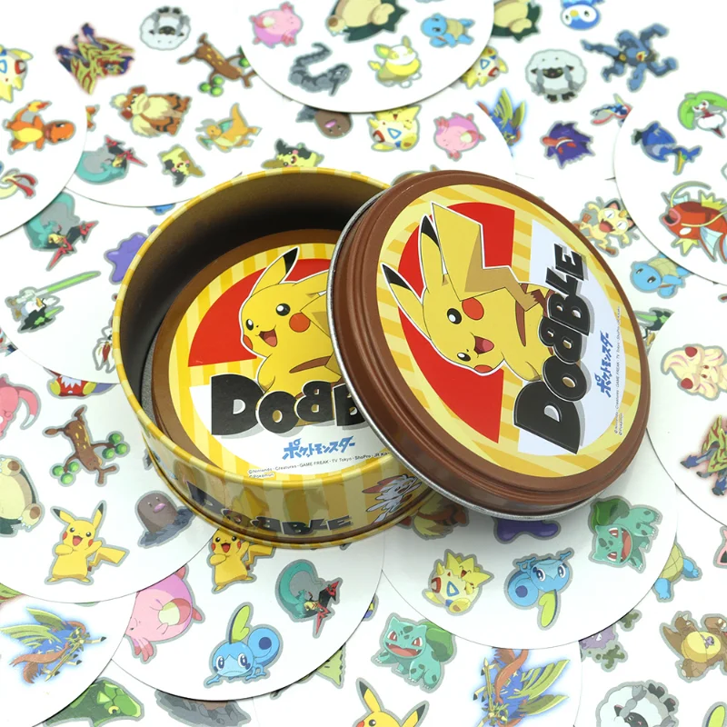 

Spot It Double Juego Pokemon Pikachu Dobble Collection Cards Game with Metal Box Camping Party Table Board Game Kids Toys Gifts