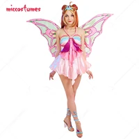 women flora cosplay costume pink dress with wings fairy costume with complete accessories