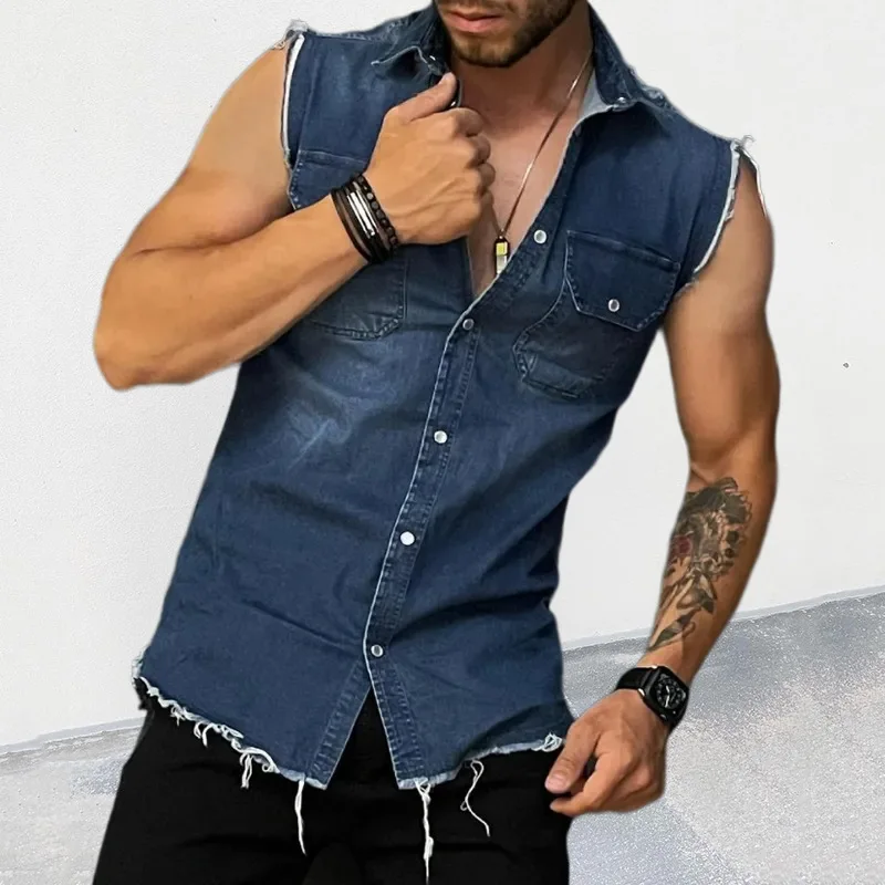 

New 2023 Summer Men's Denim Vest T Shirts Lapel Pocket Sleeveless Tank Top Hip Hop Jean Jacket Waistcoat Coat Muscle Mens Tops