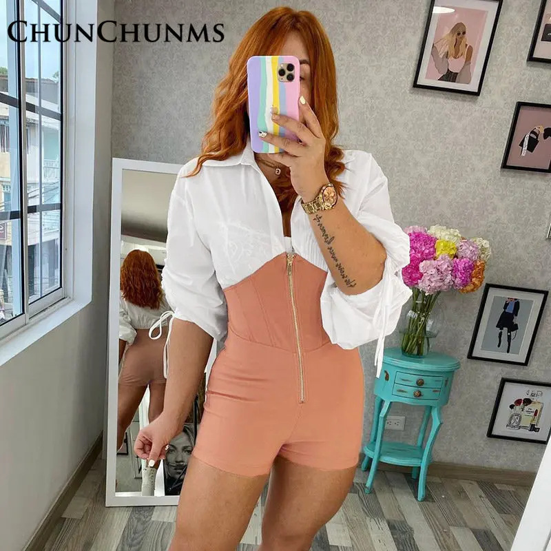 

Splicing Against Color Pleated Bubble Shorts Jumpsuit Women Long Sleeve Shirt Collar Zipper Slim Playsuit Casual Street Rompers